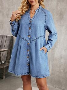EMERY ROSE Women's V-Neck Raglan Sleeve Single-Breasted Casual Denim Dress - Blue - View 4