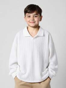 Kids/Young Boy Casual Everyday Versatile Comfortable Ribbed Polo Collar Half-Zip Long Sleeve Knit Polo Shirt, Suitable For School, Garden, Beach, Birthday, Spring/Summer, Fall, Winter - White - View 3