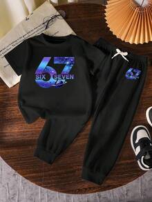 男童数字星空图案印花T恤和裤子套装（2件套），时尚休闲舒适黑色圆领T恤和长裤 - 彩色 - 查看 7