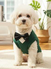 PETSIN 1pc Pet Big Dog Golden Hair Autumn And Winter New Clothing Corgi Cat Suit Pet Dress Cat Clothes Dog Supplies, Green Vest Black Bow Tie - Green - View 3