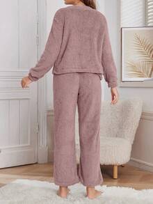SHEIN 3件套女士休闲毛绒纯色背心、裤子和外套套装，秋冬可爱家居服套装，舒适保暖，长袖家居服套装，舒适套装 - 藕粉色 - 查看 2
