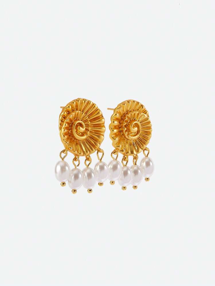 Opalesca Bông tai hình vỏ sò bằng đồng thau mạ vàng 22K với ngọc trai trắng, phù hợp với nhiều trang phục, phong cách cổ điển, phụ kiện cưới/cô dâu, trang sức phương Tây, phong cách thần tiên/cổ tích, ngọc trai, mùa thu/đông, dành cho mẹ/phụ nữ/cô gái/người mẹ, thanh lịch. - Vàng - Xem 4