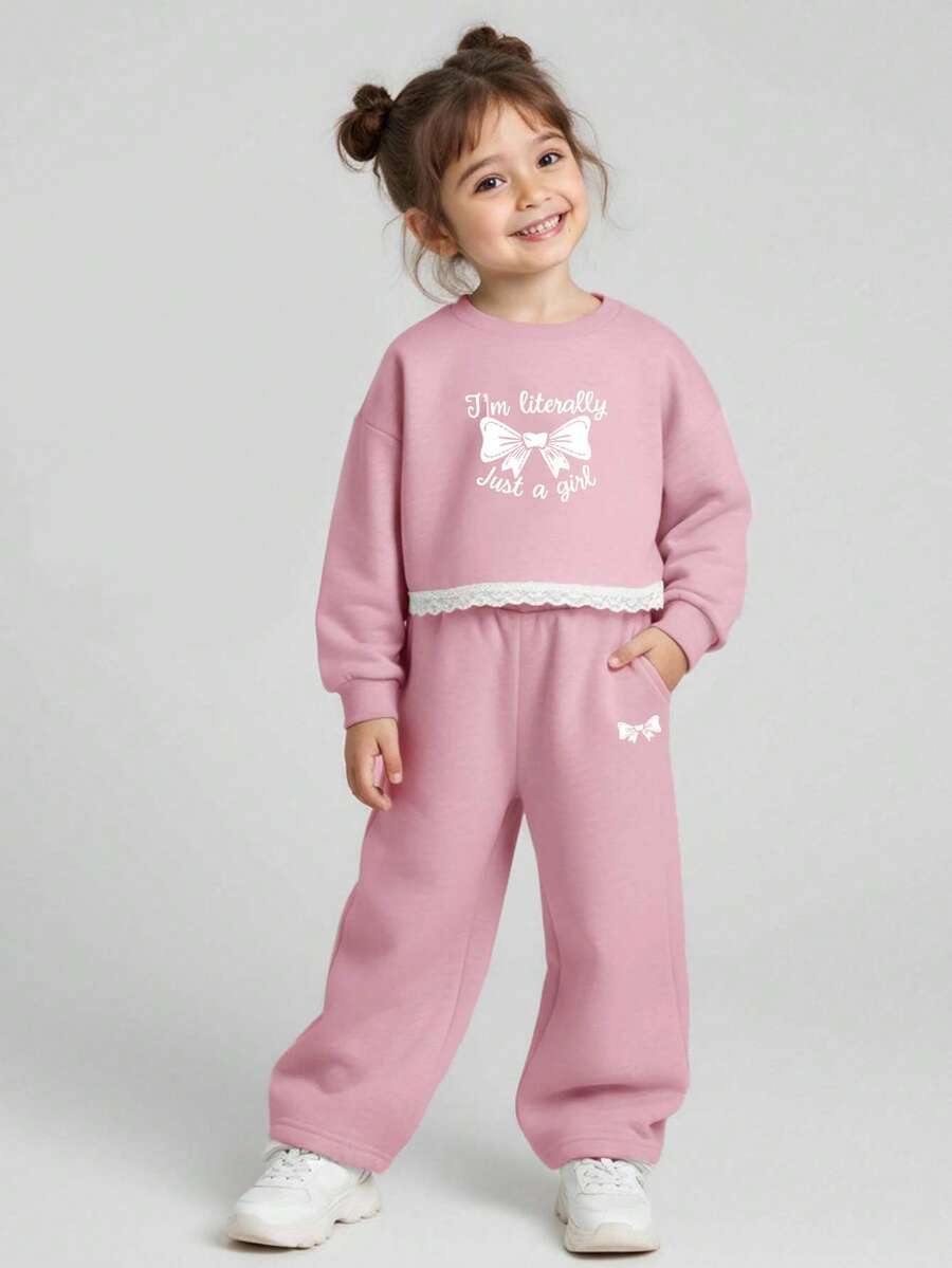 JNSQ Girls Autumn Outfit, Crew Neck Long Sleeve Sweatshirt Set, Bow & Floral Print Lace Trim Loose Sweatshirt Top Paired With Relaxed Straight Leg Sweatpants 2-Piece Set - Pink - View 1