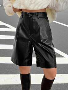 SHEIN EZwear 女士纯色高腰PU皮革褶皱宽松百慕大短裤