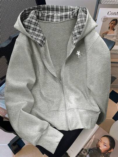 Everyssa Fashionable Casual Style Long Sleeve Plaid Collar Zipper Letter Print Sweatshirt For Women