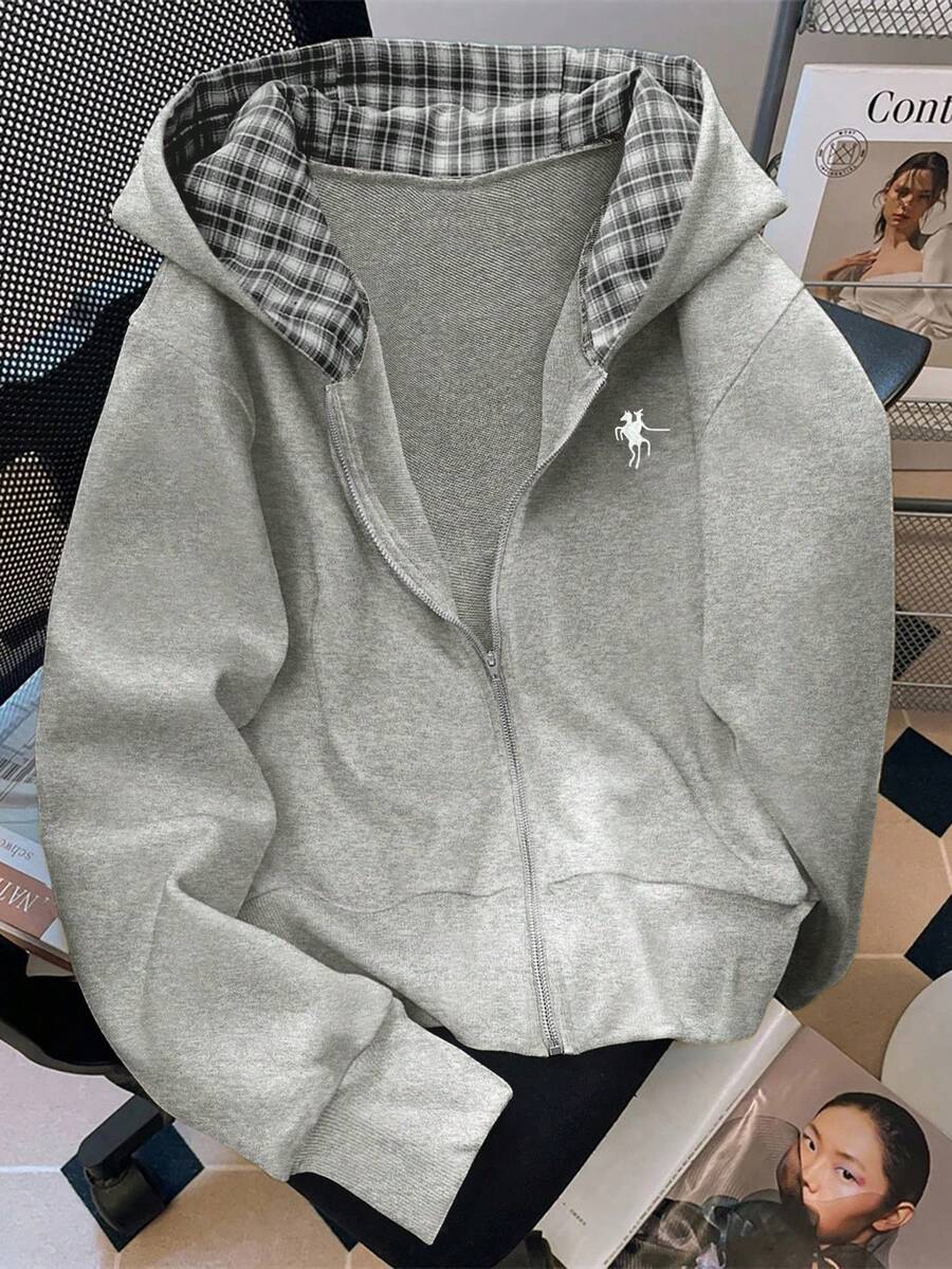 GlowEve Fashionable Casual Style Long Sleeve Plaid Collar Zipper Letter Print Sweatshirt For Women - Light Grey - View 1