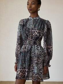 Aveloria Modichic Elegant Leopard & Peacock Print Colorblock Sheer Chiffon Round Neck Puff Sleeve A-Line Mini Dress For Women - Multicolor - View 3