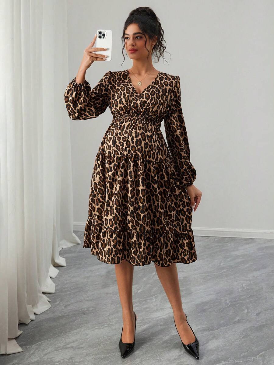 SHEIN 孕妇豹纹V领灯笼袖荷叶边下摆时尚连衣裙 - 棕色 - 查看 1