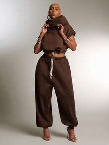 Denimoi High Neck Hooded Multi-Wear Terry Sweatshirt Top Fashionable Streetwear Sweatshirt - Brown - View 2