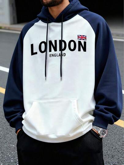 Manfinity Dauomo Men's Pullover Hoodie, Casual Outerwear, Long Sleeve Hooded Sweatshirt, Minimalist Versatile Numeric & Letter Print Design, Sporty Comfortable, Daily Wear, College Style, Back To School, Travel, Leisure, Classic English Letter Pattern, Youthful Vigor, Winter