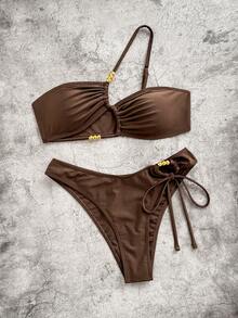 Swim SXY 2026新款深棕色金属光泽性感不对称单肩泳衣套装，夏季假日海滩派对 - 棕色 - 查看 8