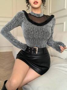 DAZY Women's Mesh Patchwork Stand Collar Long Sleeve Furry Decor Fitted Fashion T-Shirt - Black - View 4