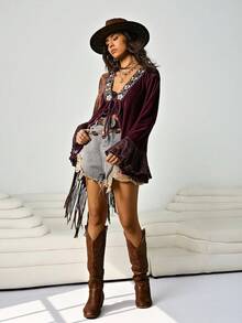 SHEIN EZwear 大码女式花卉刺绣撞色蕾丝系带天鹅绒衬衫，时尚度假风，秋冬款 - 中紫紅色 - 查看 6