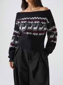 LYSMO 2025 Women's Deer Pattern Off-Shoulder Sweater,Black N White Fair Isle Christmas Pullover Jumper,Vintage Autumn Long Sleeve Fashionable Family Tops - Black - View 5