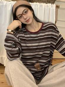 DAZY Autumn New Striped Women Round Neck Drop Shoulder Long Sleeve Casual T-Shirt - Burgundy - View 4