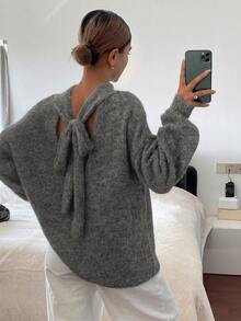 DAZY Women's Casual Loose Fit Bow Tie Pullover Sweater, All-Match & Versatile, Suitable For Spring & Winter - Grey - View 5