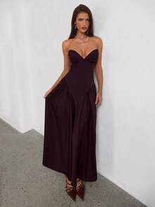 Aloruh 女士秋冬新款不对称胸部连衣裙，公主风伞裙，收腰设计，复古浪漫奢华紫红色连衣裙 - 紫紅色 - 查看 7