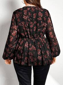 Flouryn Blusa con stampa floreale, scollo a V, maniche a lanterna, orlo con volant, stile peplum, per donne taglia comoda - nero - Visualizzare 2