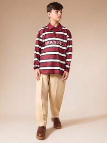 SUMWON Boys Long Sleeve Striped Rugby Polo Shirt With Collegiate Text Print And Classic Collar For Casual School Wear Vacation - Multicolor - View 3