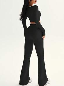 Sovereign Charm 女士秋冬运动套装，两件套 - 长袖撞色领结卫衣和撞色腰部交叉喇叭裤，适合日常休闲、跑步、瑜伽、健身、网球、高尔夫等各种场合。 - 黑色 - 查看 4