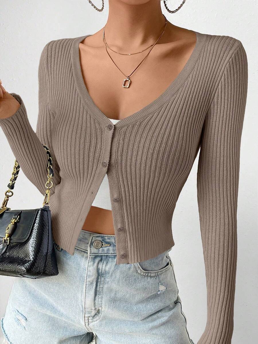 EMERY ROSE 女士修身釦扣羊毛衫 - 摩卡棕 - 查看 1