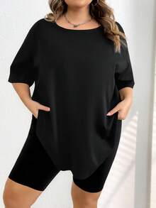SHEIN CURVE+ Women's Plus Size Casual Loose Fit Round Neck Short Sleeve T-Shirt/2026 /New Year - Black - View 6