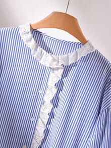 CosyJoli Áo sơ mi nữ cỡ lớn mùa thu đông, áo cài nút, áo sơ mi denim đã giặt, áo ren dễ thương, trang phục thường ngày cho nữ, trang phục cho bé gái, áo sơ mi tay bồng - Màu xanh lam - Xem 5