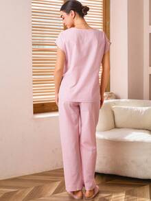 SHEIN 2pcs Maternity Casual Loose Comfortable Top And Pants Set Sleep Wear Women Breast Feeding Clothes Maternity Sets Cotton Maternity Clothes Maternity Clothes Two Piece Suits,Maternity Clothes - Pink - View 2