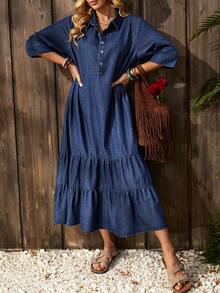 EMERY ROSE Vestido jeans feminino casual de manga 3/4 com babados na barra e fechamento frontal com botões. - Lavagem escura - Ver 4
