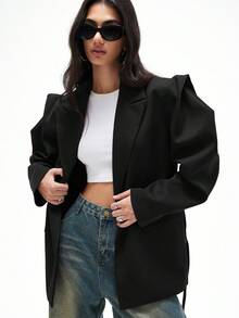 GENKIRA 宽松休闲通勤百搭超宽肩廓形收腰纯色西装外套 - 黑色 - 查看 6