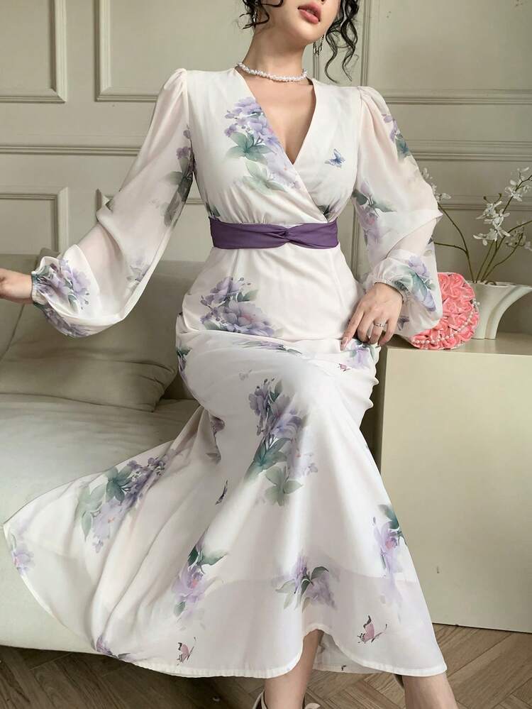 Women's Floral Print Overlap V-Neck Lantern Sleeve Elegant Dress Maxi Dress