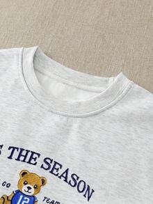 INAWLY Slogan & Football Bear Embroidered Loose Fit Fleece Crew Neck Pullover Sweatshirt For Women - Light Grey - View 4