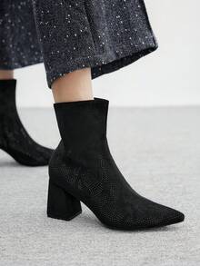 CUCCOO BIZCHIC 女士时尚百搭通勤水钻装饰粗跟踝靴 - 黑色 - 查看 8