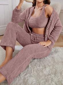SHEIN 3件套女士休闲毛绒纯色背心、裤子和外套套装，秋冬可爱家居服套装，舒适保暖，长袖家居服套装，舒适套装 - 藕粉色 - 查看 3