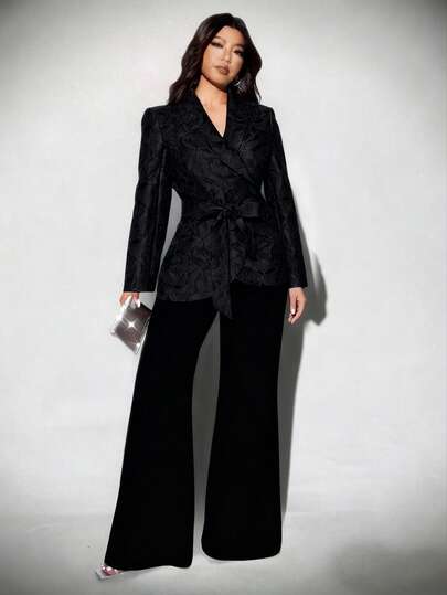 Viva Relle 大码女式立体印花腰带蝴蝶结外套，秋冬款