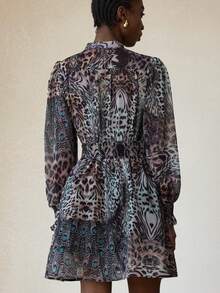 Aveloria Modichic Elegant Leopard & Peacock Print Colorblock Sheer Chiffon Round Neck Puff Sleeve A-Line Mini Dress For Women - Multicolor - View 2