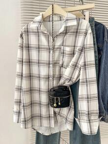 INAWLY 女士格子长袖单排扣休闲口袋衬衫 - 白色 - 查看 1