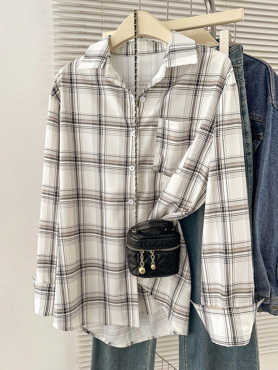 INAWLY 女士格子长袖单排扣休闲口袋衬衫 - 白色 - 查看 1