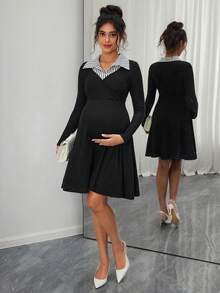 SHEIN Váy midi tay dài họa tiết sọc chắp vá - màu đen - Xem 1