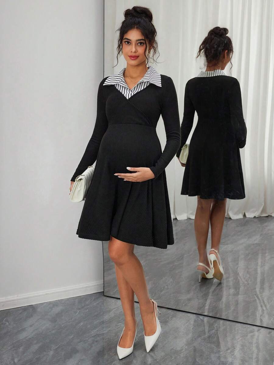 SHEIN Váy midi tay dài họa tiết sọc chắp vá - màu đen - Xem 1