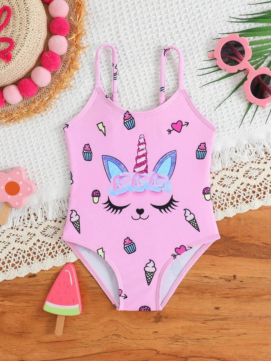 1件可爱独角兽冰淇淋印花弹力速干舒适针织面料婴儿/女婴泳衣,适合海滩、泳池、冲浪、度假、夏季旅行 - 粉色 - 查看 1