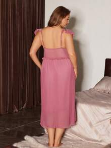 Slumberist Sexy Lace Contrast Mesh Slip Dress Nightgown - Hot Pink - View 2