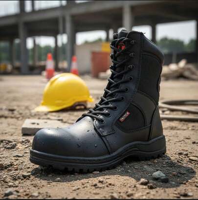 Botas tácticas negras de piel, con punta de refuerzo y suela resistente para hombre, botas de trabajo resistentes para exteriores