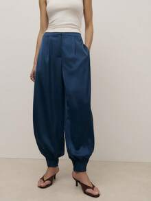 Nöista Satin Navy Balloon Trousers Pants Fwith A High Waist With Darts, Front Pockets, And A Blouson Leg Finished With Pleated, Cuffed Hems. Front Zip Fastening. Spring, Summer, Woman. - Royal Blue - View 1