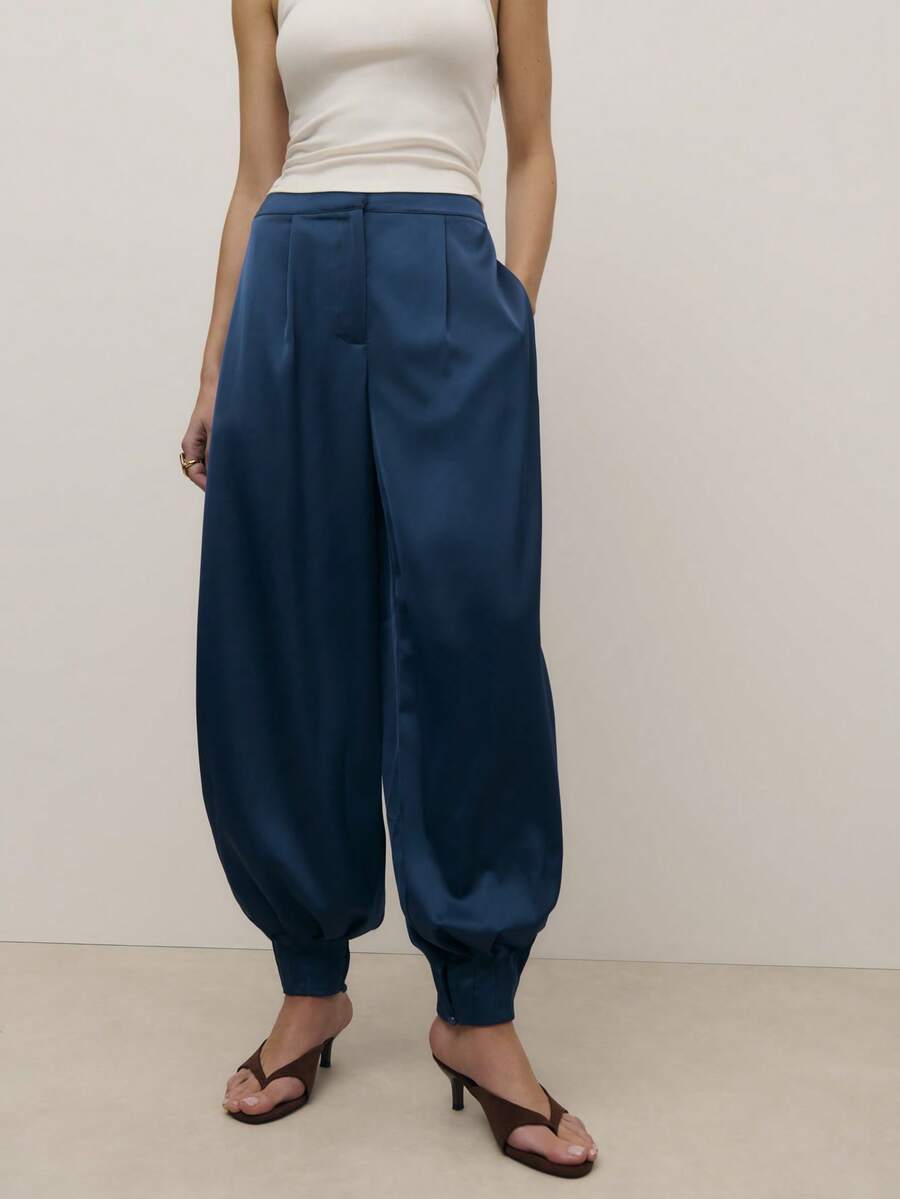 Nöista Satin Navy Balloon Trousers Pants Fwith A High Waist With Darts, Front Pockets, And A Blouson Leg Finished With Pleated, Cuffed Hems. Front Zip Fastening. Spring, Summer, Woman. - Royal Blue - View 1