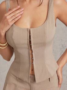 L'Amorae Áo corset cạp trễ sọc dọc cho nữ, trang phục công sở thường ngày của giới nhà giàu - Nhiều màu - Xem 2