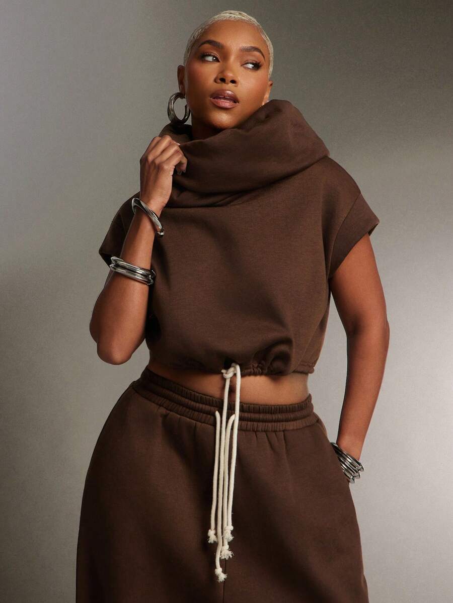 Denimoi High Neck Hooded Multi-Wear Terry Sweatshirt Top Fashionable Streetwear Sweatshirt - Brown - View 1