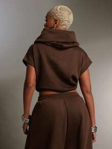 Denimoi High Neck Hooded Multi-Wear Terry Sweatshirt Top Fashionable Streetwear Sweatshirt - Brown - View 5