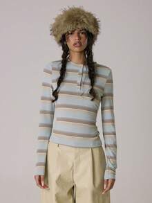 MUSERA 条纹长袖修身纽扣上衣，休闲可爱，适合秋季、春夏穿着，舒适居家休闲。 - 彩色 - 查看 1