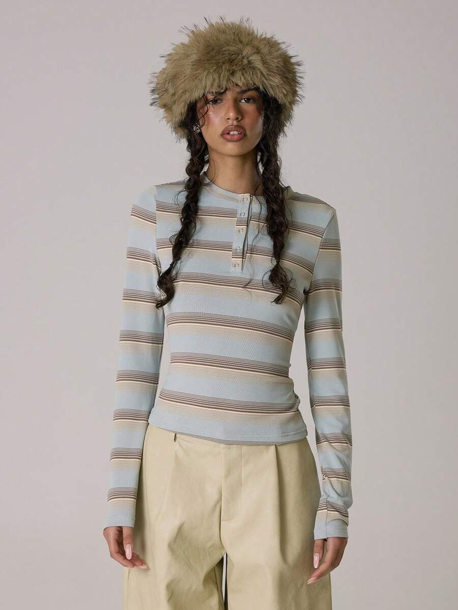 MUSERA 条纹长袖修身纽扣上衣，休闲可爱，适合秋季、春夏穿着，舒适居家休闲。 - 彩色 - 查看 1